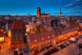 Aerial view of the beautiful main city in Gdansk at dusk, Poland