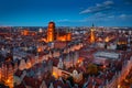 Aerial view of the beautiful main city in Gdansk at dusk, Poland