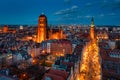 Aerial view of the beautiful main city in Gdansk at dusk, Poland