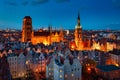 Aerial view of the beautiful main city in Gdansk at dusk, Poland