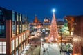 Aerial view of the beautiful main town of Gdansk with festive Christmas tree in winter, Poland Royalty Free Stock Photo