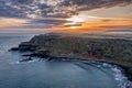 Aerial view on a beautiful morning with sunrise at Giants Causeway, the famous landmark in Northern Ireland UK Royalty Free Stock Photo