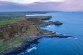 Aerial view on a beautiful morning with sunrise at Giants Causeway, the famous landmark in Northern Ireland UK Royalty Free Stock Photo