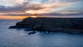 Aerial view on a beautiful morning with sunrise at Giants Causeway, the famous landmark in Northern Ireland UK Royalty Free Stock Photo