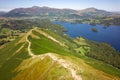 Aerial view of a beautiful mountain ridge in the English Lake District in summer (Catbells towards Keswick