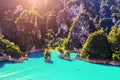 Aerial view of Beautiful mountains in Ratchaprapha Dam at Khao Sok National Park, Surat Thani Province, Thailand. Royalty Free Stock Photo