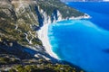 Aerial view of beautiful Myrtos beach on Kefalonia island, Greece Royalty Free Stock Photo