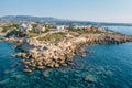 Aerial view of beautiful nature cliff with villas or houses near Coral Bay beach in Paphos, Cyprus. Drone photo of Royalty Free Stock Photo