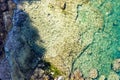 Aerial view of beautiful ocean. Aerial ocean view and the rocky seaside. Sunny seashore seen from above. Royalty Free Stock Photo