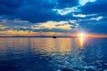 Aerial view  Beautiful Orange and red dramatic colors of sunset and cirrus clouds above the sea. Sky blue and orange natural dawn Royalty Free Stock Photo