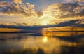 Aerial view  Beautiful Orange and red dramatic colors of sunset and cirrus clouds above the sea. Sky blue and orange natural dawn Royalty Free Stock Photo