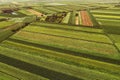 Aerial view of beautiful plain countryside landscape with cultivated fields of corn and sunflower