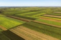 Aerial view of beautiful plain countryside landscape with cultivated fields of corn and sunflower