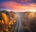 Aerial view of beautiful railroad in autumn forest in fog