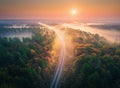 Aerial view of beautiful railroad in autumn forest in fog