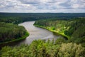 Aerial view of beautiful river Nemunas surrounded by pine forest in Lithuania. Birdseye view of nature scene on a sunny day
