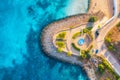 Aerial view of beautiful sandy beach, clear blue sea, promenade