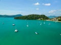 Aerial view of beautiful sea summer landscape seashore with travel boats at Phuket island Thailand, Beautiful seacoast view at