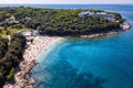 Aerial view of the beautiful shoreline of Verudela bay near Pula, Croatia