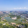 Aerial view of beautiful tang dynasty style lake park in xian