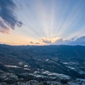 Aerial view of beautiful terraced field landscape in sunset