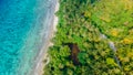 Aerial view of the beautiful tropical coast with palm trees, pond in the forest and ocean at Landhoo island at Noonu atoll Royalty Free Stock Photo