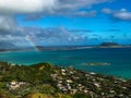 Aerial view of a beautiful tropical coastline with a rainbow on a bright summer day Royalty Free Stock Photo