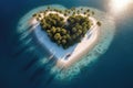 Aerial view of beautiful tropical heart shaped island with white sand, palm trees and turquoise ocean Royalty Free Stock Photo