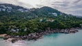 Aerial view of the beautiful tropical landscape with beach villas and trees on hills near ocean in Thailand.Koh Samui.Asia. Drone. Royalty Free Stock Photo