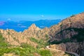 Drone photography of bizarre red rocks in the Calanches above the gulf of Porto, Corsica France Royalty Free Stock Photo