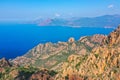 Drone photography of bizarre red rocks in the Calanches above the gulf of Porto, Corsica France Royalty Free Stock Photo