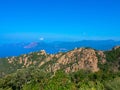 Drone photography of bizarre red rocks in the Calanches above the gulf of Porto, Corsica France Royalty Free Stock Photo