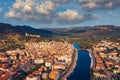 Aerial view of the beautiful village of Bosa with colored houses and a medieval castle. Bosa is located in the north-wesh of