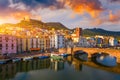 Aerial view of the beautiful village of Bosa with colored houses and a medieval castle. Bosa is located in the north-wesh of