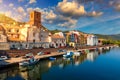 Aerial view of the beautiful village of Bosa with colored houses and a medieval castle. Bosa is located in the north-wesh of