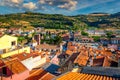 Aerial view of the beautiful village of Bosa with colored houses and a medieval castle. Bosa is located in the north-wesh of