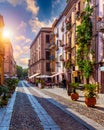 Aerial view of the beautiful village of Bosa with colored houses and a medieval castle. Bosa is located in the north-wesh of