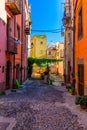 Aerial view of the beautiful village of Bosa with colored houses and a medieval castle. Bosa is located in the north-wesh of