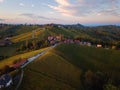 Aerial view of the beautiful vineyard hills in sunset light, Maribor wine region, Slovenia, Styria. Scenic autumn landscape Royalty Free Stock Photo