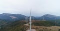 Aerial View. Beautiful windmill turbines , wind energy turbines . Aerial drone shot. 4K 50fps