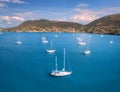 Aerial view of beautiful yacht. Boat on the sea at sunset