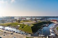 Aerial view of beautiful yachts by the pier in the yacht club in Klaipeda, Lithuania. Klaipeda old castle site Royalty Free Stock Photo