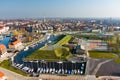 Aerial view of beautiful yachts by the pier in the yacht club in Klaipeda, Lithuania. Klaipeda old castle site Royalty Free Stock Photo