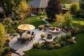 aerial view of a beautifully landscaped backyard with fire pit