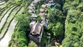 Aerial view of beautifully landscaped recreation house cottage complex with pond in ecological area on bright sunny day Royalty Free Stock Photo