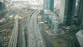 Aerial view of the beginning of a city road traffic jam in a business district