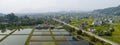 Aerial view of Begnas Lake area, houses and homes surrounded by rice fields. Nepal Royalty Free Stock Photo