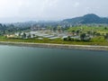 Aerial view of Begnas Lake area, houses and homes surrounded by rice fields. Nepal Royalty Free Stock Photo