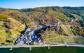 Aerial view of Beilstein town with Metternich Castle at the Moselle River in Germany Royalty Free Stock Photo