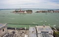 Aerial view from the Bell Tower Campanile di San Marco with Piazza San Marco, gondolas and the island with San Giorgio Maggiore Royalty Free Stock Photo